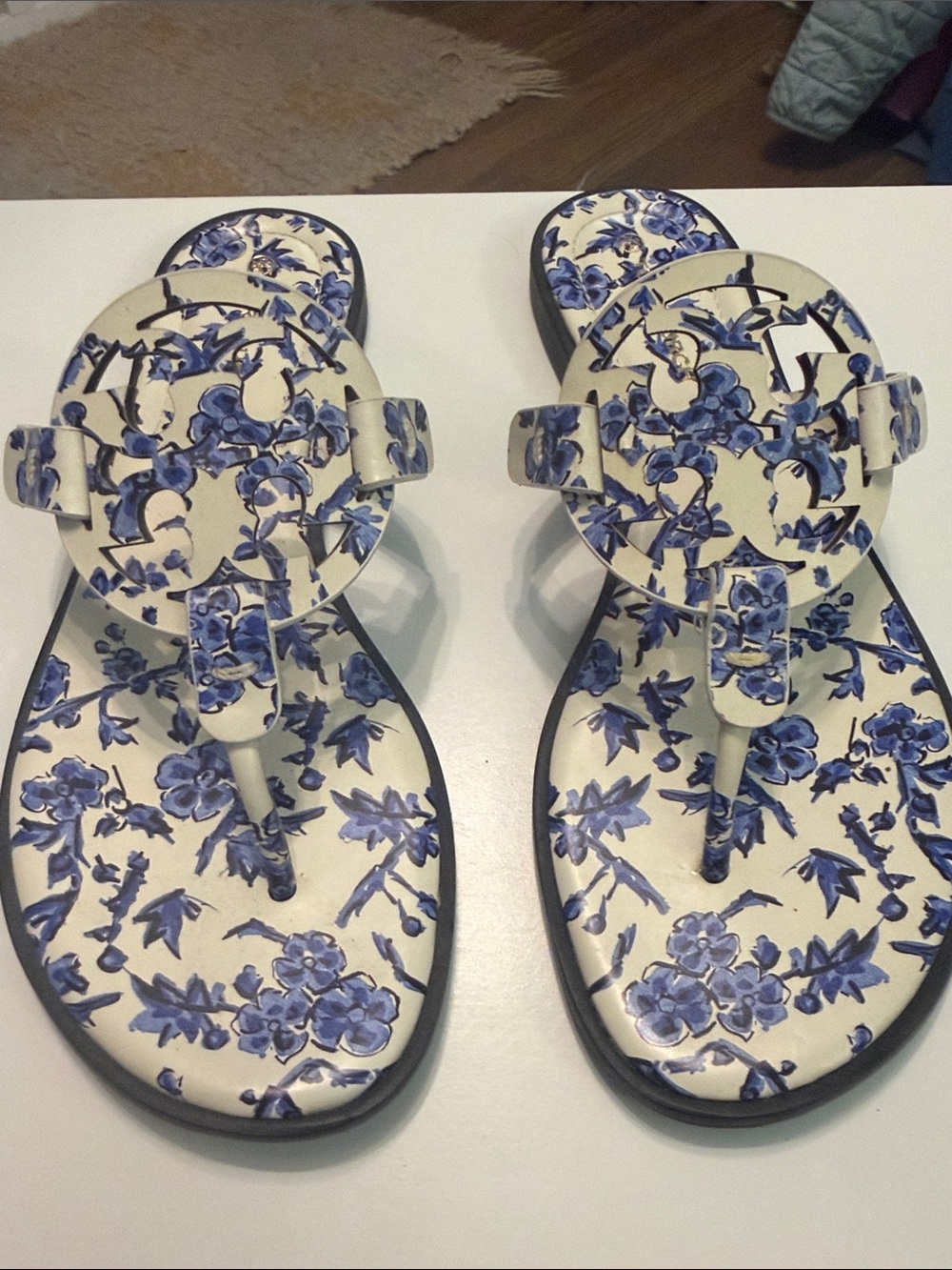 Tory Burch Blue Floral Miller Thong Sandals - Blue on Cream